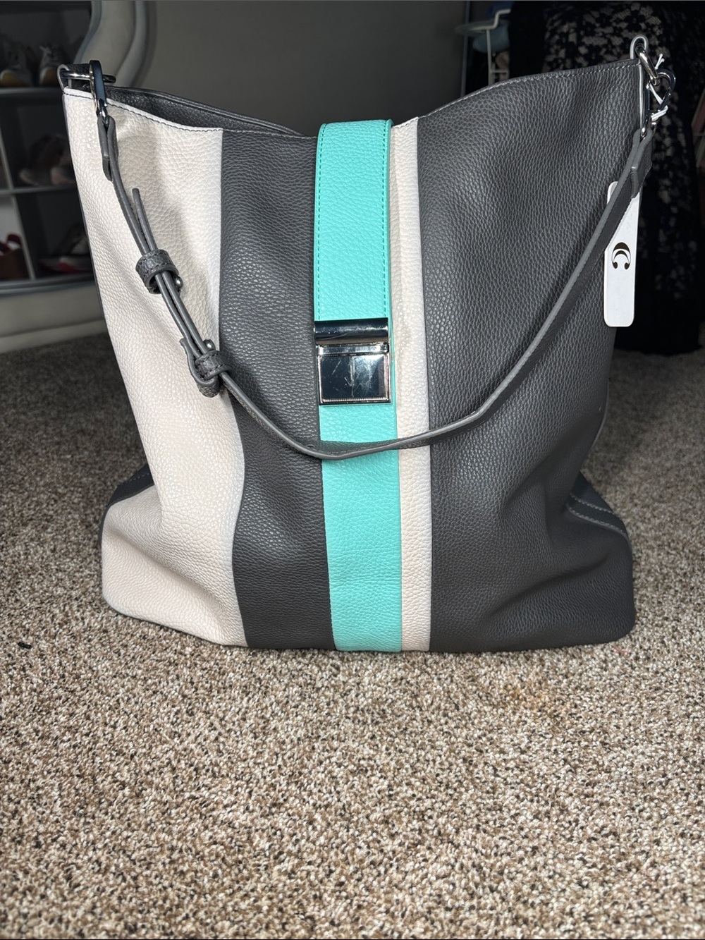 CAbi Colorblock Leather Shoulder Tote in Gray, Cream & Teal Stripe